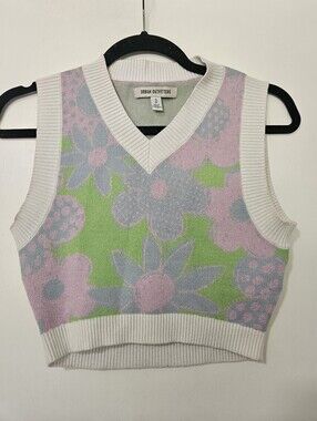 Urban Outfitters Floral Knit Sweater Vest Size S Retro Pastel Crop V-Neck Green
